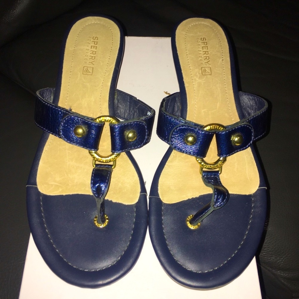 Sperry Navy Wooden Wedge Ring Thong Sandal